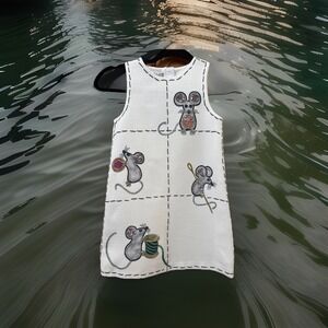 Leelam Kids Girls Dress SZ 7/8 Embroidered Mice Mouse White Gray